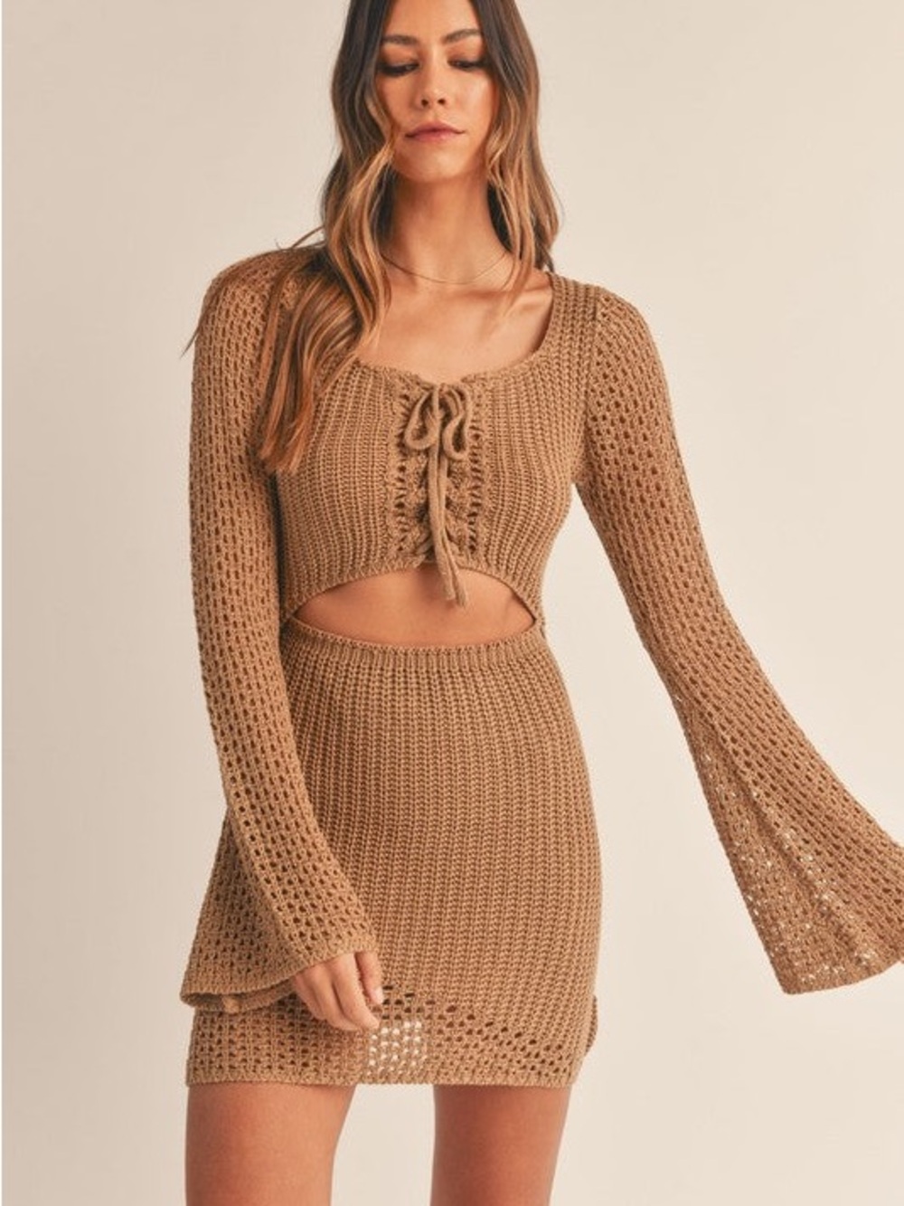 NWT Mable Knit Crochet Mini Dress in Mocha